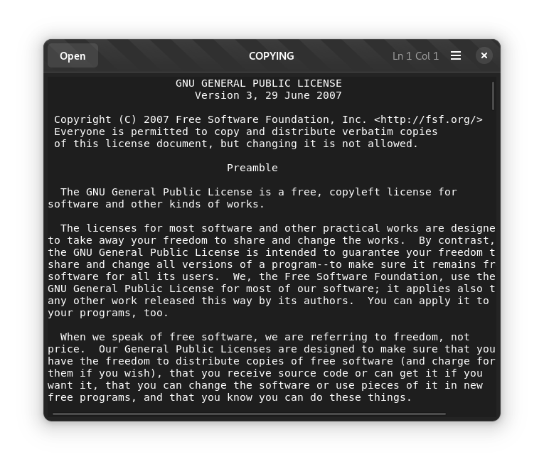 Screenshot of text-viewer in dark mode with the 'COPYING' file open
