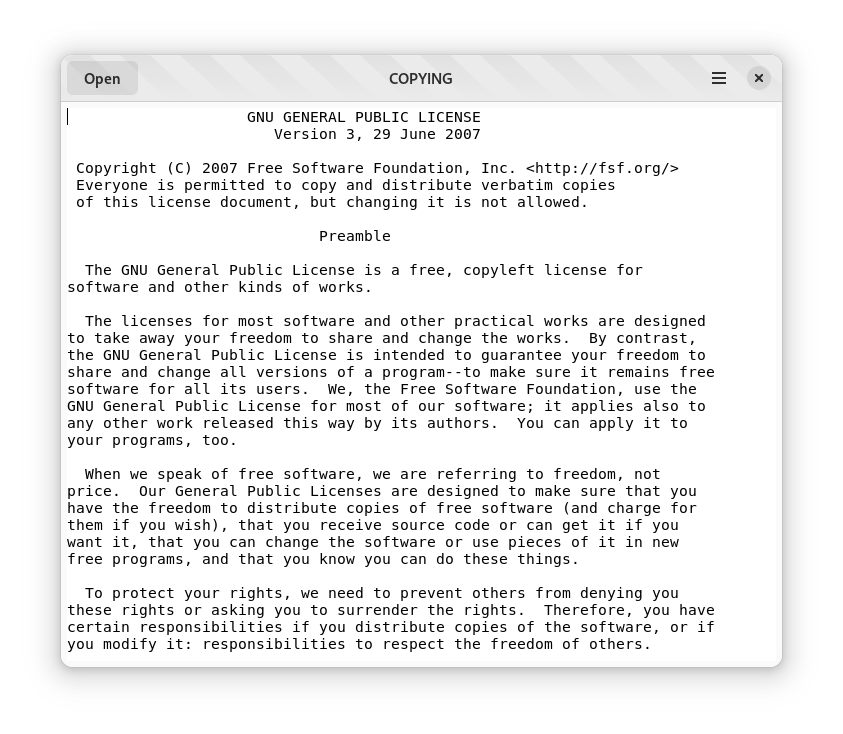 Screenshot of text-viewer in light mode with the 'COPYING' file open
